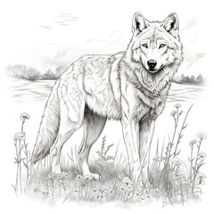 Sketch of a wolf in the field. Set of vector drawings on the theme of wolves are drawn by Generated AI. A sketch of a wolf. Handmade. Generated AI illustration.
