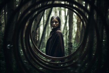 a woman is standing in front of a circular frame in the woods