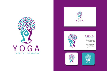 yoga tree logo design vector template and business card with editable text