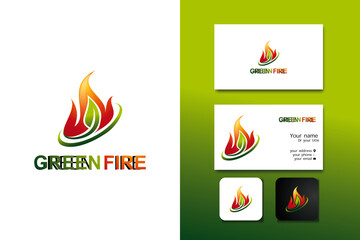 green fire energy logo design vector template and business card with editable text