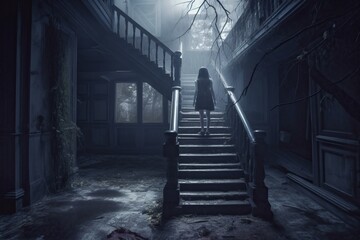 a woman is standing on the stairs in an old house © AberrantRealities