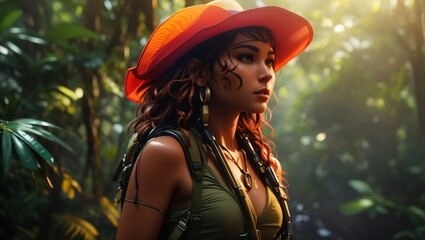  A female adventure in a jungle wearing a hat created with generative ai