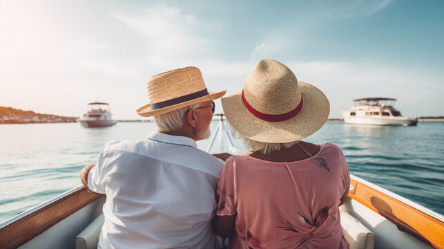 senior couple enjoying sunset from sailing boat. Generative AI