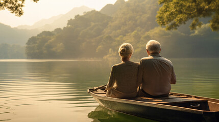 senior couple enjoying a boat ride on the lake. Generative AI