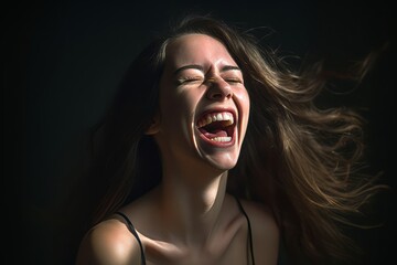 a woman laughing with her mouth open