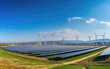 Panorama view of environmentally friendly installation of photovoltaic power plant and wind turbine farm situated by landfill