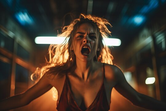 a woman screaming in the dark with her mouth open