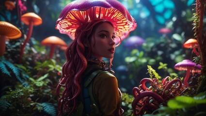  A female adventure with octopus hair and wearing a mushroom hat in a jungle created with generative ai