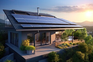 Solar panels on the gable roof of a beautiful modern home