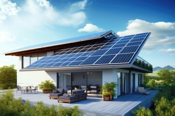 Fototapeta premium Solar panels on the gable roof of a beautiful modern home