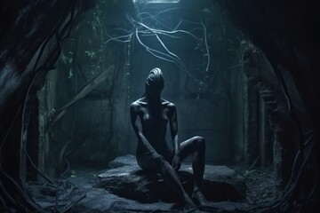Fototapeta premium a woman sitting on a rock in a dark cave