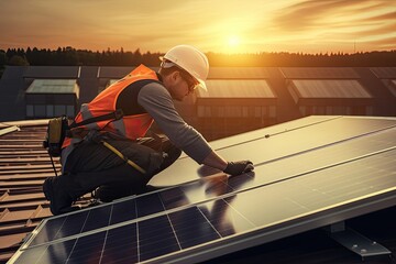 A handyman installing solar panels on the rooftop - Powered by Adobe