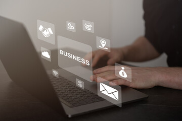  Digital marketing network connection concept. Businessman hand working on digital tablet with graphical user interface icons on strategy, solution analysis and development contents.