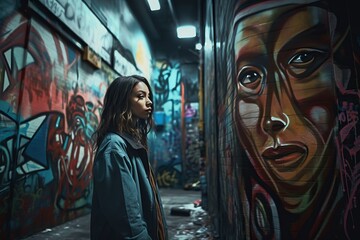 Fototapeta premium a woman standing in an alley with graffiti on the wall