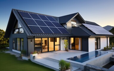 Fototapeta Solar panels on the gable roof of a beautiful modern home obraz