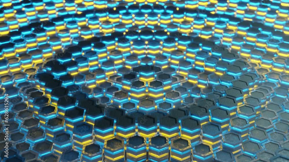 Poster loop animation of an abstract background of many metal hexagons with yellow-blue glow stripes. techn