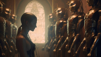 a woman standing in front of a group of robots - Powered by Adobe