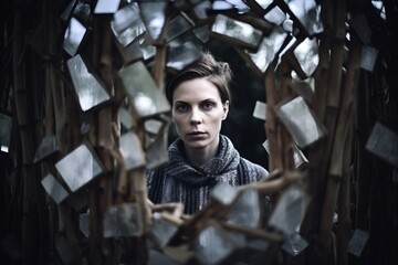 a woman standing in front of a mirror surrounded by mirrors