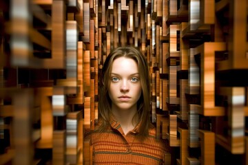 Obraz premium a woman standing in front of a maze of wooden blocks