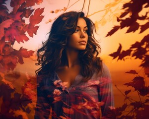Fototapeta na wymiar a woman standing in front of autumn leaves