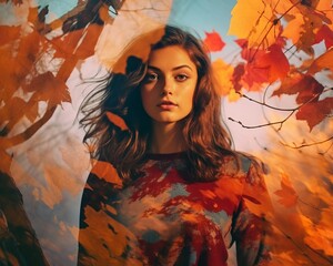 a woman standing in front of autumn leaves