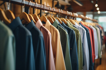 Male clothes on hangers in apparel boutique Generative AI