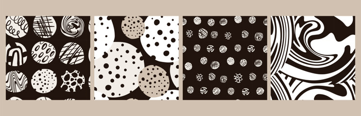 A set of seamless patterns of circles and spots. Abstract design for fabric, paper, packaging, clothing