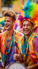 Gay male couple smiling with raimbow color clothes at Pride in festival, Generative AI