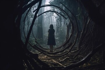 a woman standing in the middle of a dark forest
