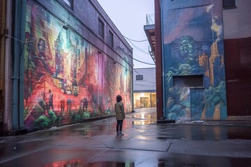 a woman stands in front of a colorful mural in an alley