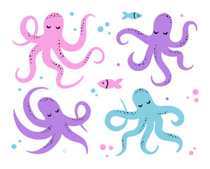 A set of fun funny octopuses. Cute children's illustrations of marine animals and fish. Print for clothes, fabrics