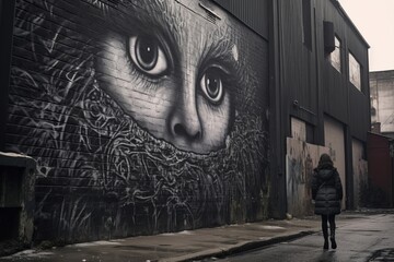 a woman walking down the street in front of a large black and white mural - Powered by Adobe