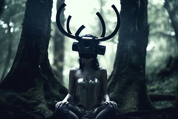 a woman wearing a deer head in the woods - Powered by Adobe