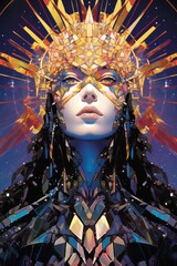 a woman wearing a headdress with gold stars on it