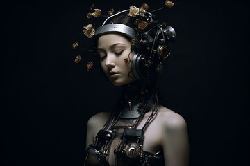 a woman wearing a headpiece with flowers on her head