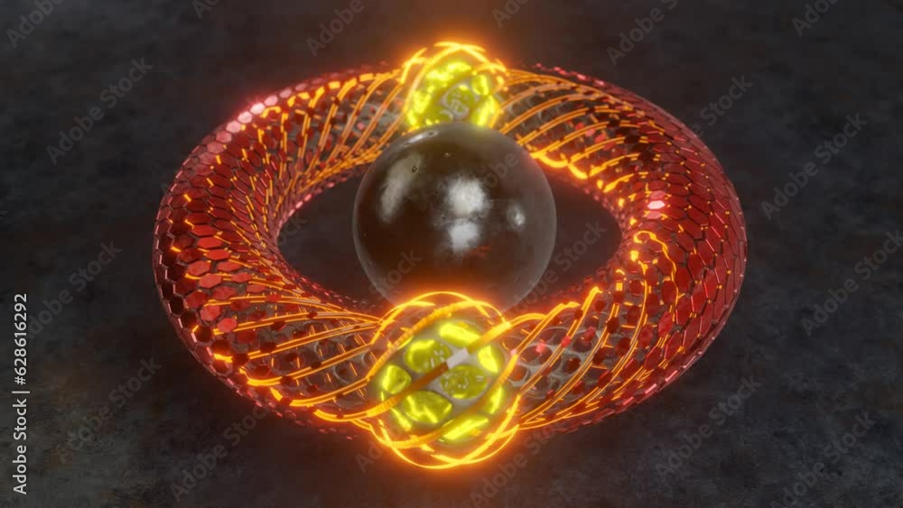 Poster abstract loop animation of a fantastic object. a torus inside which a plasma clot moves, a ball ligh