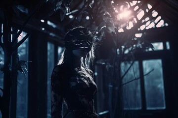 a woman wearing a mask in a dark room
