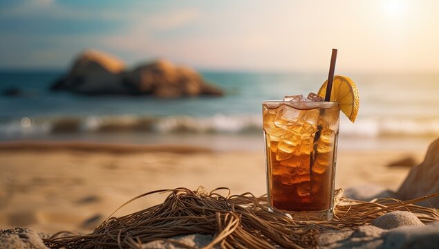 the drink sitting on straw on the beach generative AI