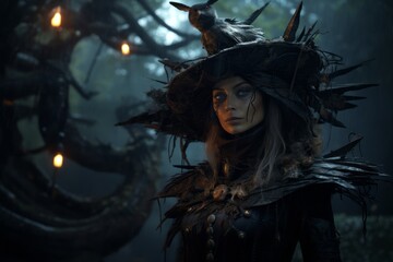 a woman wearing a witch hat in the woods