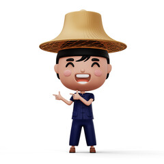 Happy asian farmer wearing mauhom shirt and bamboo hat pointing finger, 3d rendering
