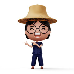 Happy asian farmer wearing mauhom shirt and bamboo hat pointing finger, 3d rendering