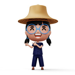 Happy asian farmer wearing mauhom shirt and bamboo hat pointing finger, 3d rendering