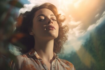 a woman with curly hair looking up at the sun - Powered by Adobe