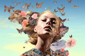 a woman with flowers in her hair and butterflies flying around her