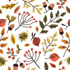 Autumn seamless pattern with different leaves and plants, seasonal colors with acorns, autumn oak leaves in Orange, Beige, Brown and Yellow. Perfect for wallpaper, gift paper, pattern fills, web page