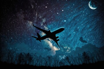Obraz na płótnie Canvas Silhouette of airplane flying in night sky with stars