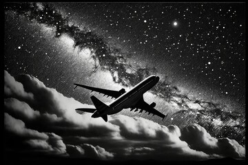 Obraz na płótnie Canvas Airplane in the night sky with stars and milky way