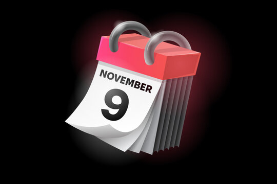 November 9 3d calendar icon with date isolated on black background. Can be used in isolation on any design.