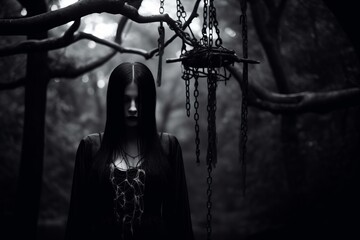 a woman with long black hair standing in the woods