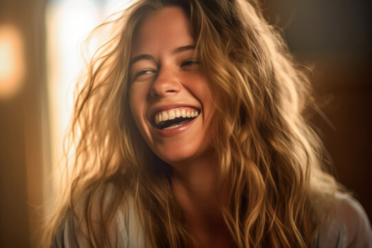 a woman with long blonde hair is laughing